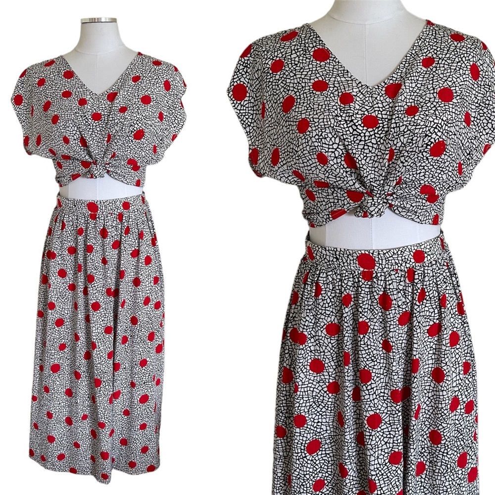 80-90s Vintage XS Red Polka Dot 2 Piece Midi Skirt Set